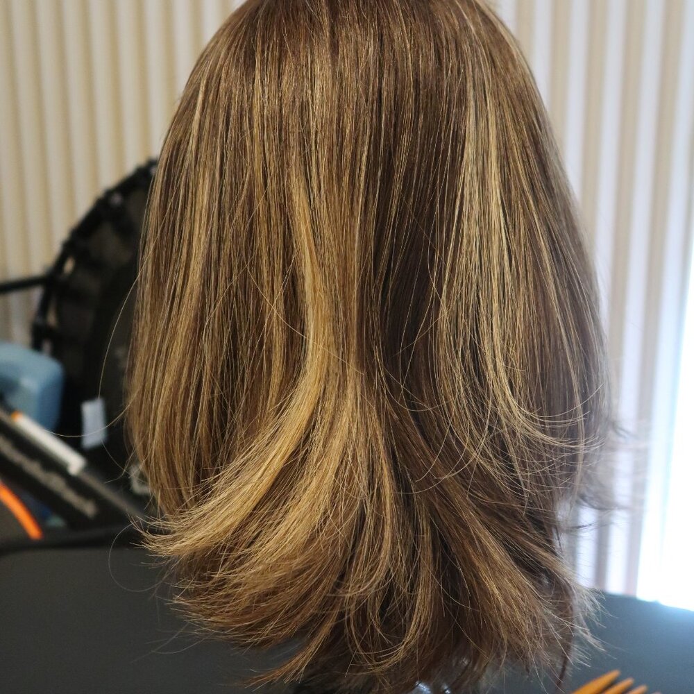 LeBeauty Human Hair Brunette Wig with Highlights - Picture 3 of 16